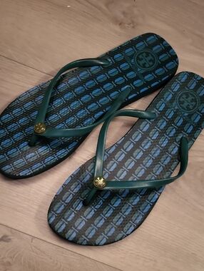Tory Burch Teal Strappy Flip Flops with Patterned Blue Footbed